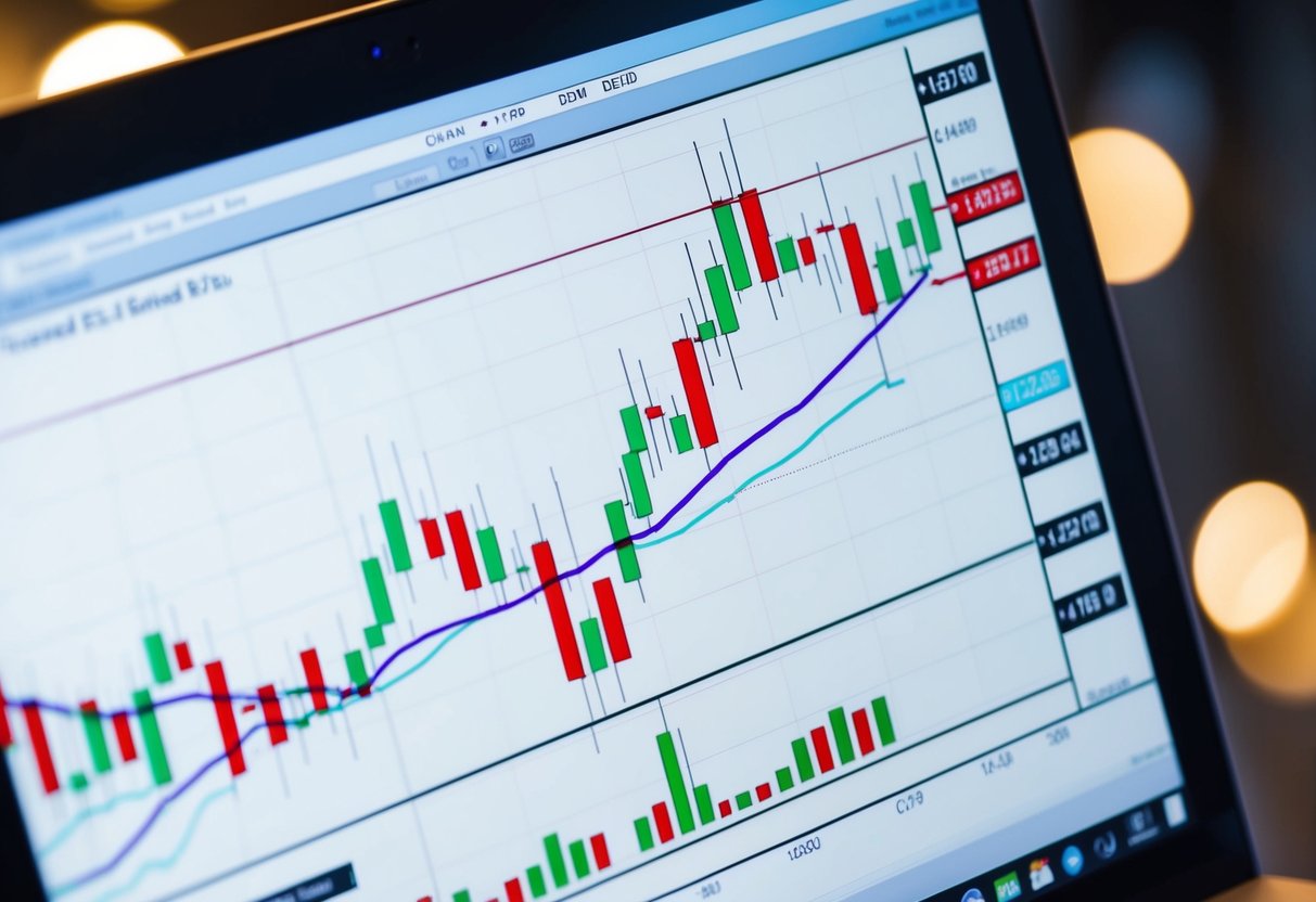 A candlestick chart with multiple currency pairs, trend lines, and key support and resistance levels displayed on a computer screen