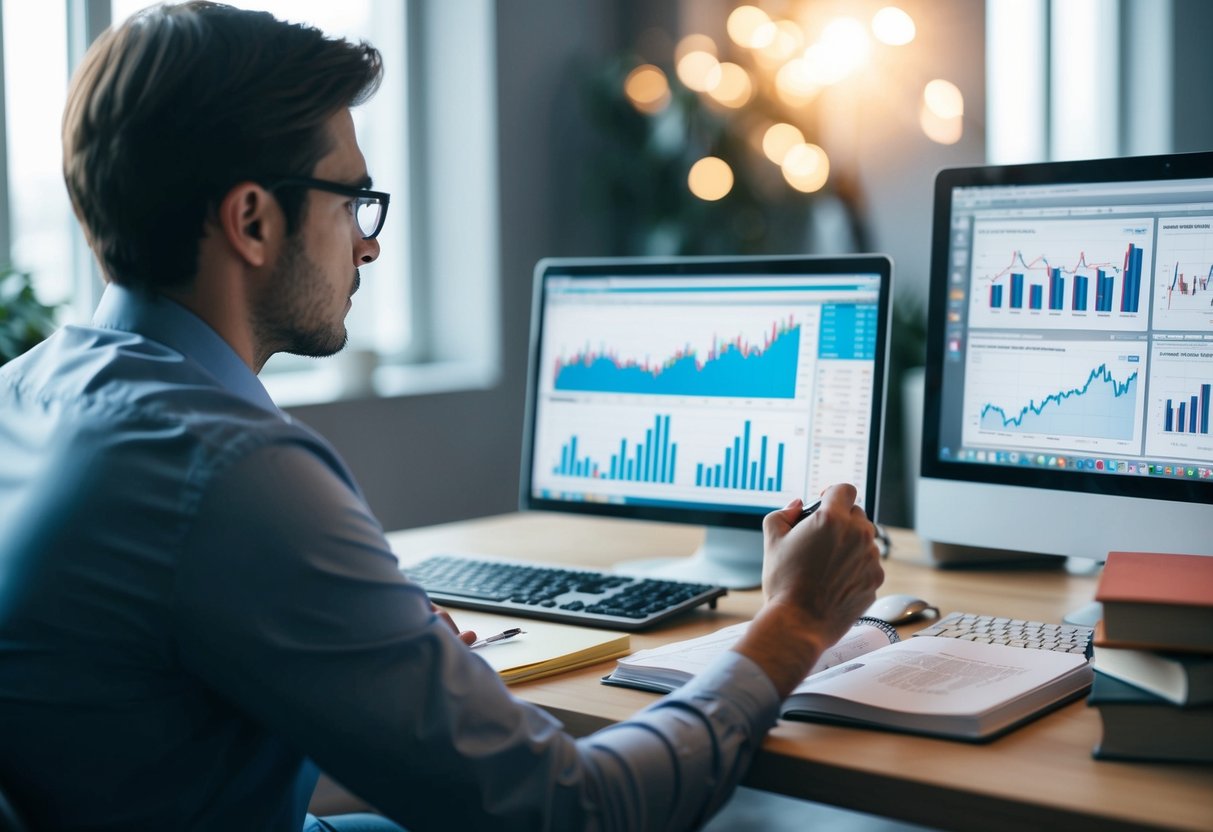 A person studying charts and graphs, surrounded by books and a computer, with a focus on learning and improving trading strategies in the forex market