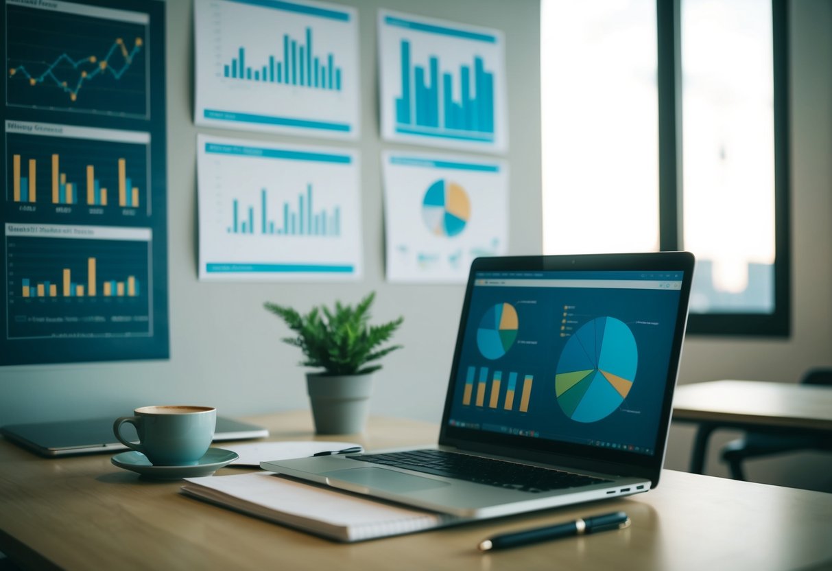 A desk with a laptop, notebook, and pen. Charts and graphs on the wall. A cup of coffee and a plant on the desk