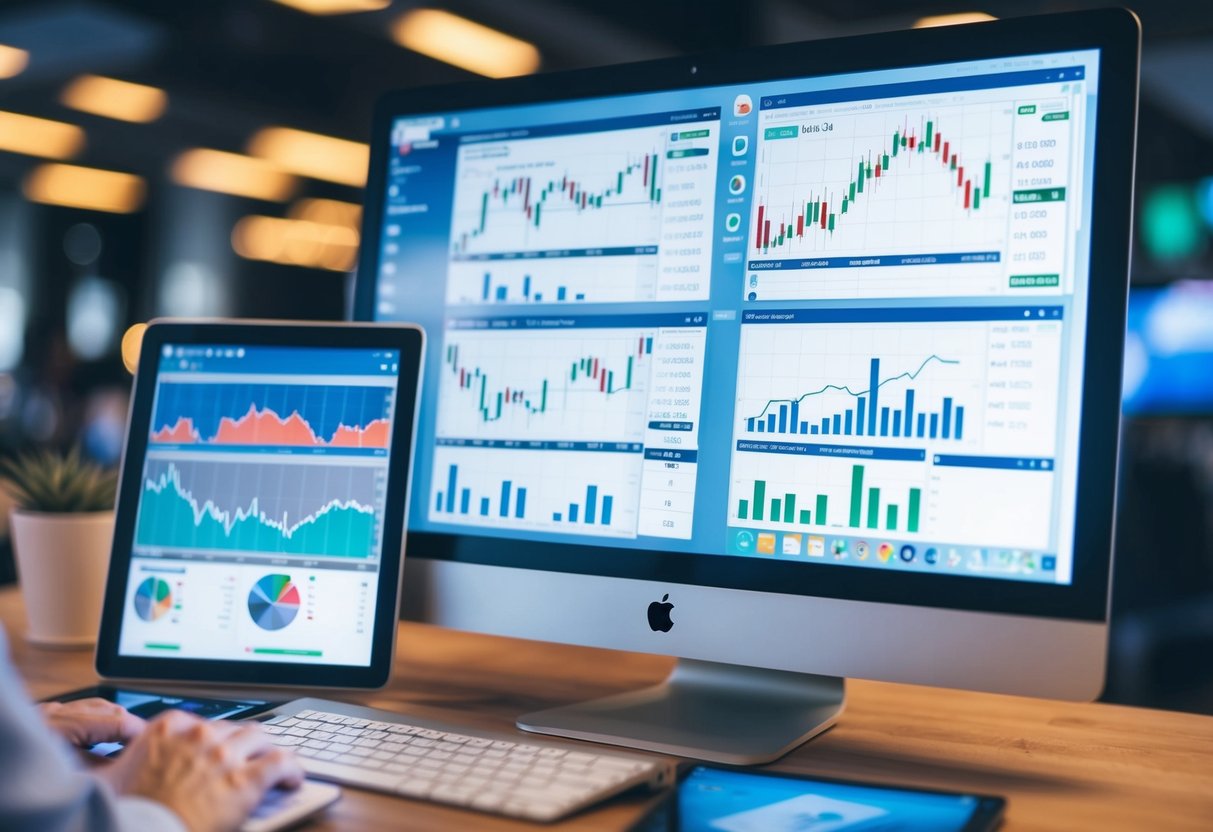 A computer screen displaying multiple forex trading platforms and tools, with charts and graphs showing trading strategy data