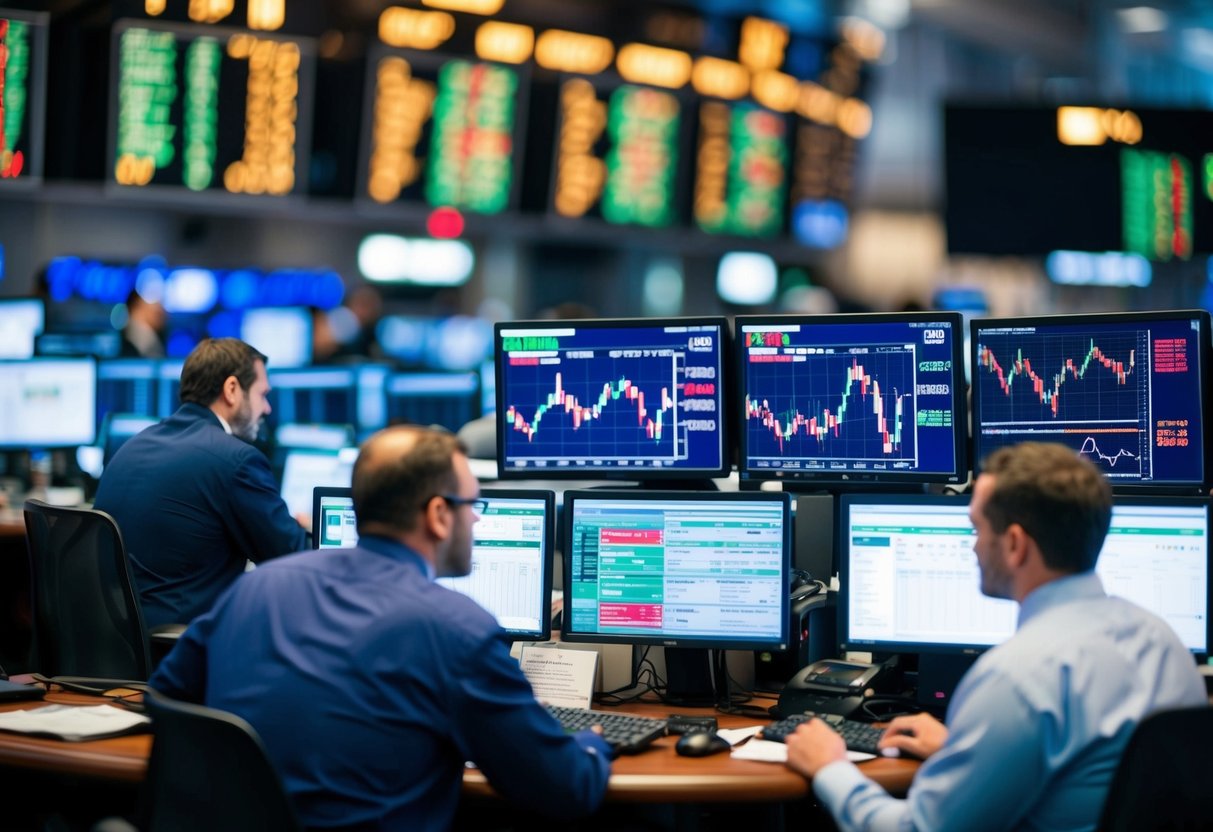 A bustling trading floor with multiple screens displaying forex order types and execution strategies. Traders are engaged in intense discussions and analysis