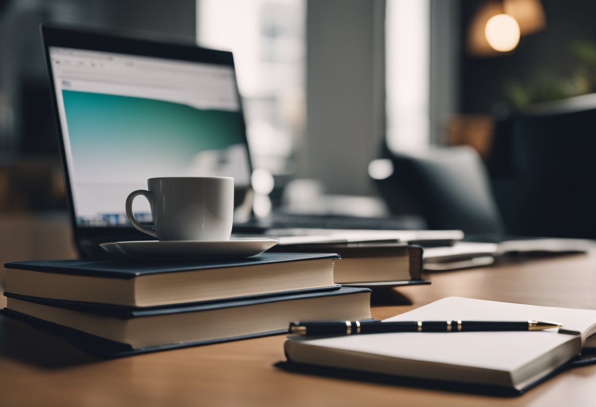 A stack of trading books surrounded by a laptop, notebook, and pen on a desk, with a cup of coffee nearby