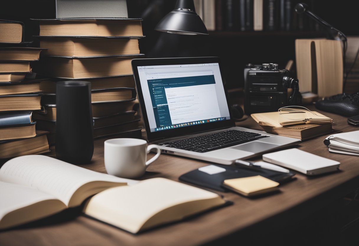 A cluttered desk with stacks of trading books, a laptop open to a beginner's guide, and a notepad with scribbled notes