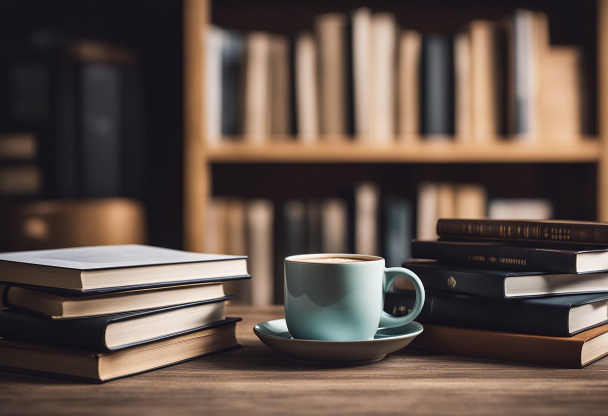 A stack of trading books with various covers and titles, arranged neatly on a wooden desk with a laptop and a cup of coffee nearby