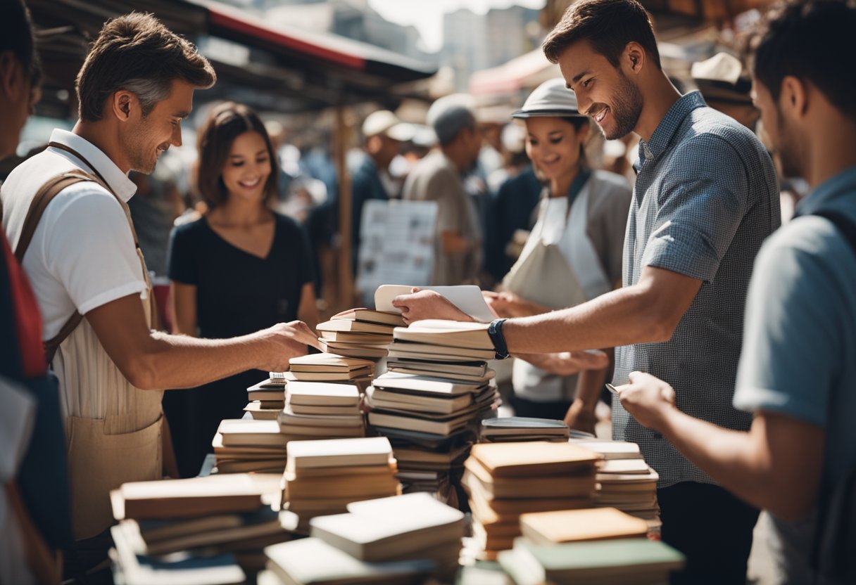 Beginner traders exchanging books at a bustling market stall