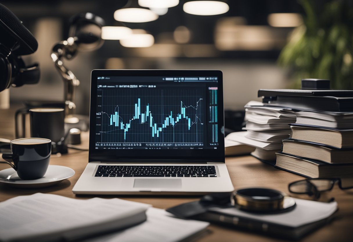 A cluttered desk with open trading books, a laptop, and notes. A beginner trader studies charts and graphs, surrounded by financial literature