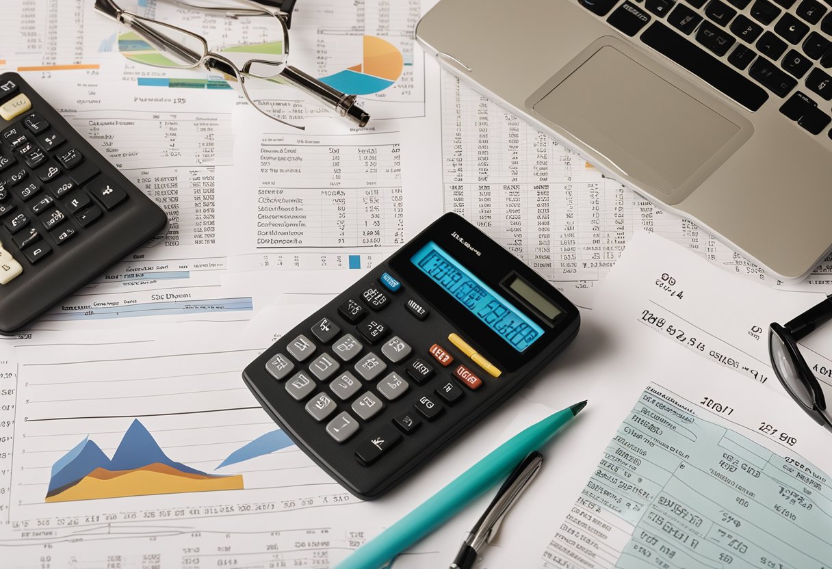 A cluttered desk with open trading books, charts, and a laptop surrounded by pens, highlighters, and a calculator