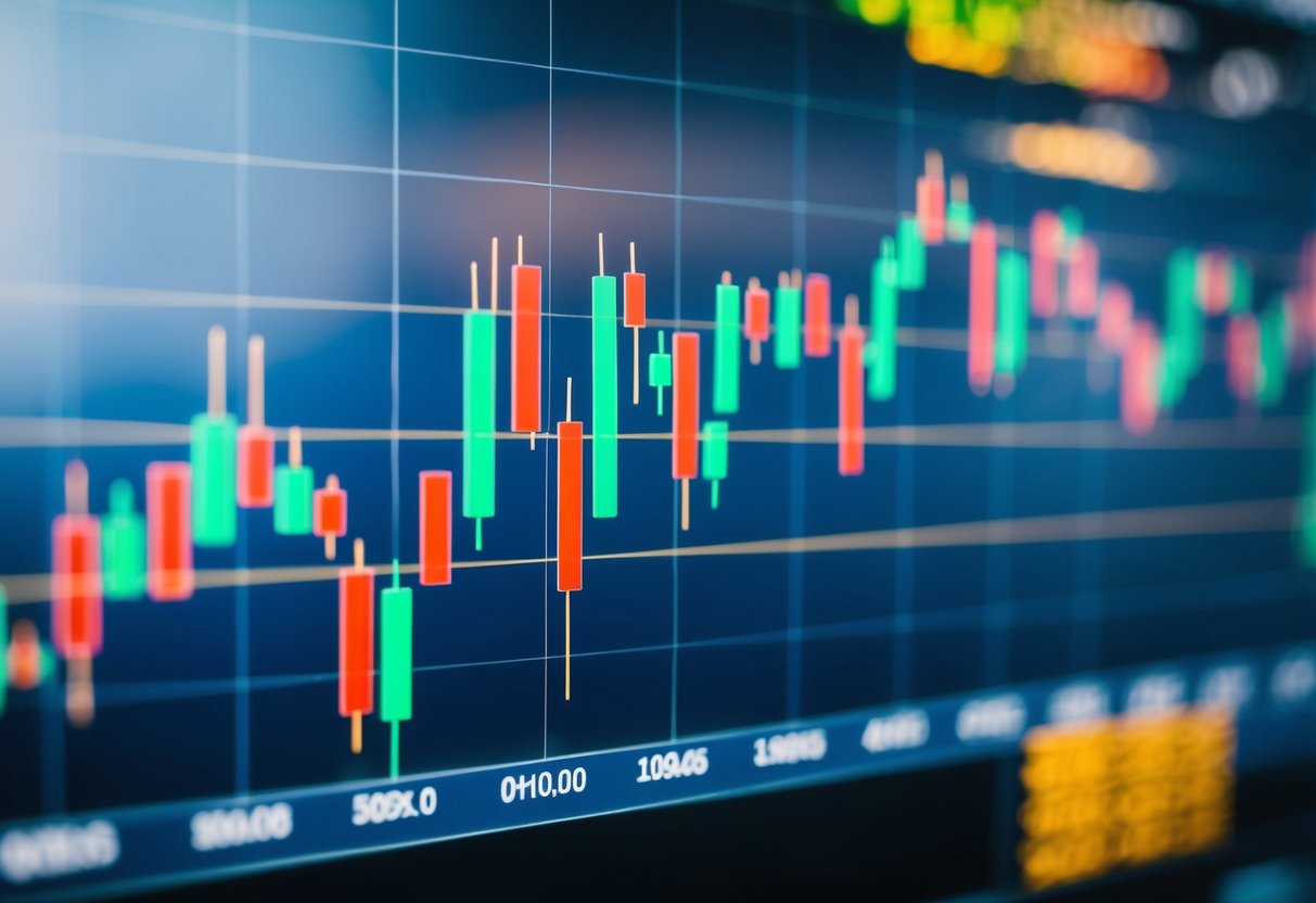 A candlestick chart showing fluctuating forex prices and trading indicators