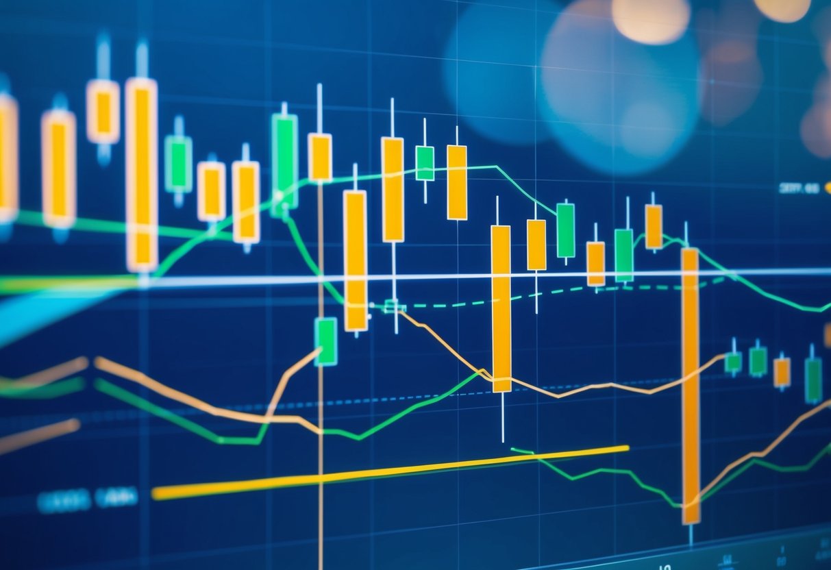 A candlestick chart with trend lines and key technical indicators, overlaid with volume and moving average lines