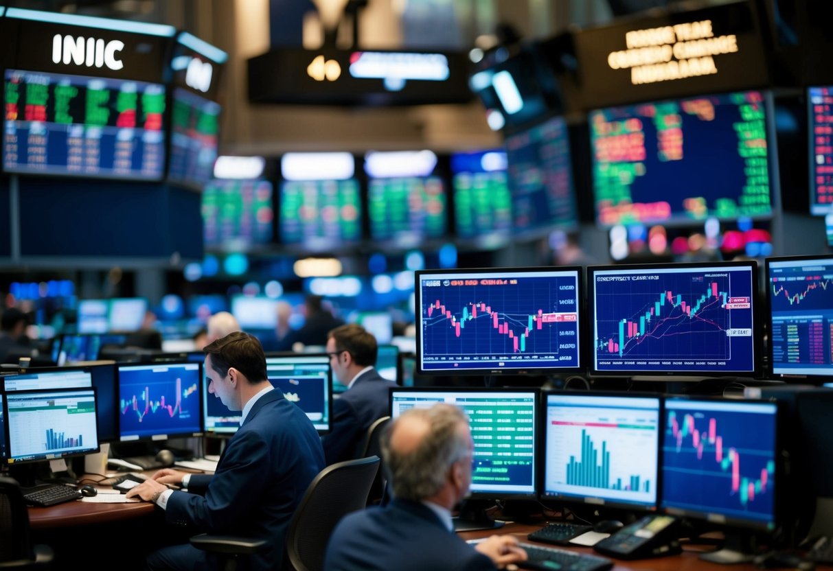 A bustling trading floor with multiple screens displaying currency exchange rates and traders analyzing charts and graphs